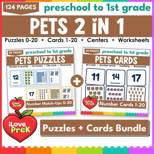Pets Number Match-Ups 2 in 1 bundle: number puzzles 0-20 and number match-up cards 1-20.