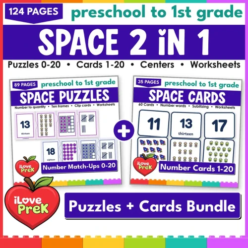 Space Number Match-Ups 2 in 1 bundle: number puzzles 0-20 and number match-up cards 1-20.