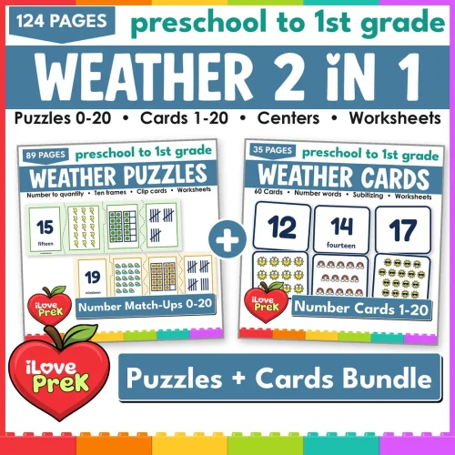 Weather Number Match-Ups 2 in 1 bundle: number puzzles 0-20 and number match-up cards 1-20.