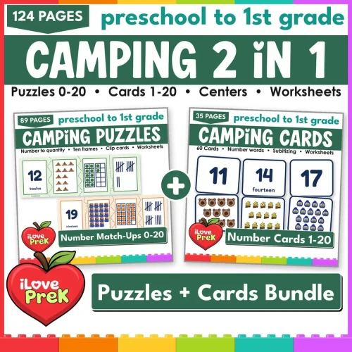 Camping Number Match-Ups 2 in 1 bundle: number puzzles 0-20 and number match-up cards 1-20.