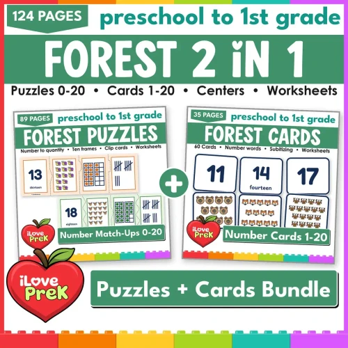 Forest Number Match-Ups 2 in 1 bundle: number puzzles 0-20 and number match-up cards 1-20.