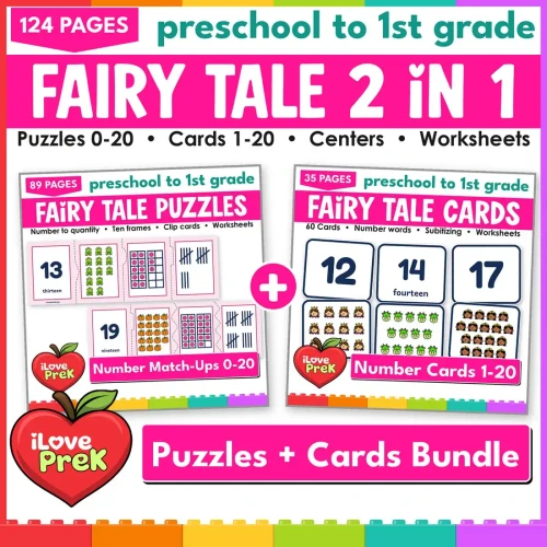 Fairy Tale Number Match-Ups 2 in 1 bundle: number puzzles 0-20 and number match-up cards 1-20.