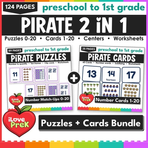 Pirate Number Match-Ups 2 in 1 bundle: number puzzles 0-20 and number match-up cards 1-20.
