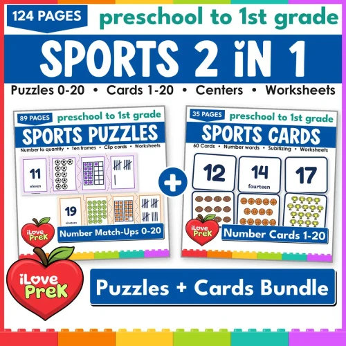 Sports Number Match-Ups 2 in 1 bundle: number puzzles 0-20 and number match-up cards 1-20.