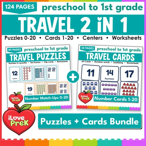 Travel Number Match-Ups 2 in 1 bundle: number puzzles 0-20 and number match-up cards 1-20.
