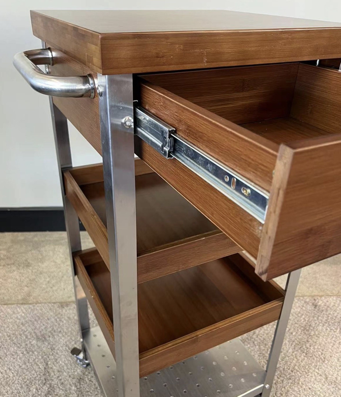 Bamboo + Stainless Steel Kitchen Cart Tower - Thumbnail 4