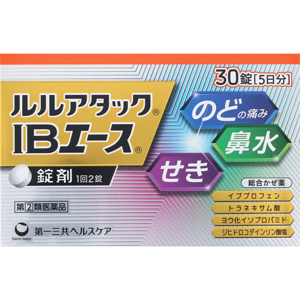 Daiichi Sankyo Healthcare MK Lulu Attack IB Ace 30 Tablets Medicine that works well for fever and sore throat Indications: Relief of cold symptoms (sore throat,