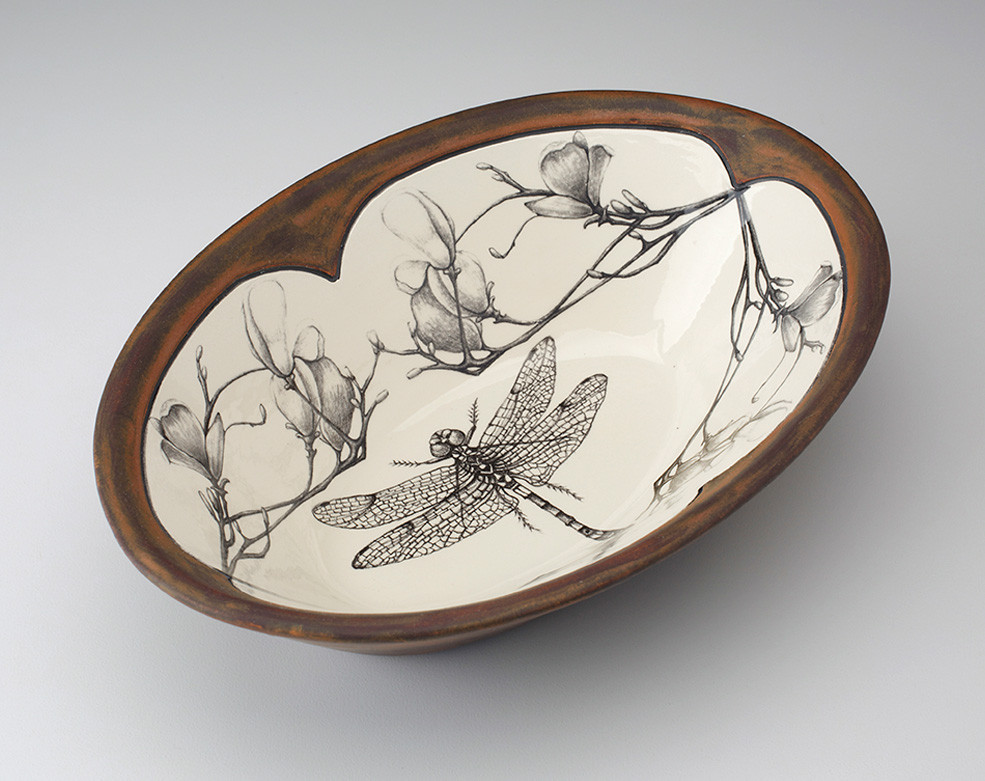 Large Serving Dish: Dragonfly with Magnolia Branch - Laura Zindel