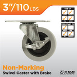 Titan Casters 4036355T  Swivel Caster 3" Grey Wheel with Brake Image 1 Titan Casters 4036355T  Swivel Caster 3" Grey Wheel with Brake Image 1