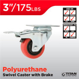 Titan Casters 4120555T  Polyurethane Swivel Plate Caster with Brake - 3"  Image 1