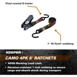Keeper 03508-V  1" x 8' Ratchet Camo Tie-Downs with Vinyl Coated S-Hooks - 4 Straps per Package Image 1