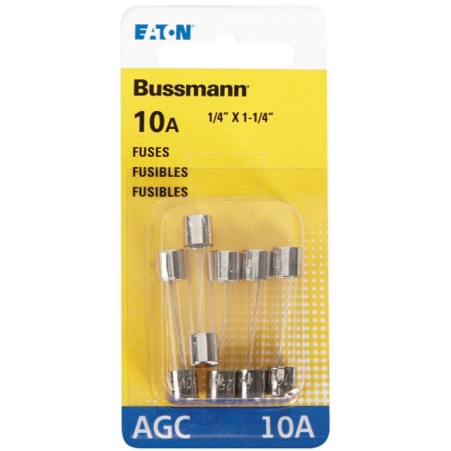 Bussmann BP/AGC-10-RP  AGC 10 Amp Fast-Acting Glass Tube Fuses 1/4" x 1-1/4" - 5 per Card Image 1