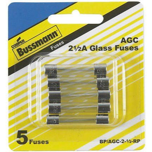 Bussmann BP/AGC-2-1/2-RP  AGC 2-1/2 Amp Fast-Acting Glass Tube Fuses 1/4" x 1-1/4" - 5 per Card Image 0 Bussmann BP/AGC-2-1/2-RP  AGC 2-1/2 Amp Fast-Acting Glass Tube Fuses 1/4" x 1-1/4" - 5 per Card Image 0