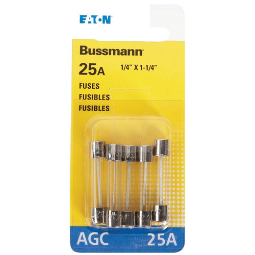 Bussmann BP/AGC-25-RP  AGC 25 Amp Fast-Acting Glass Tube Fuses 1/4" x 1-1/4" - 5 per Card Image 1