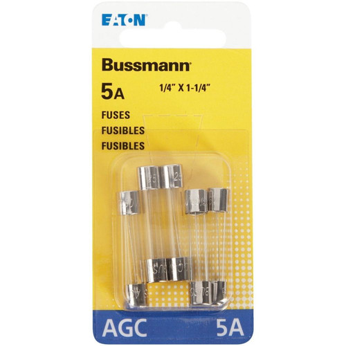 Bussmann BP/AGC-5-RP  AGC 5 Amp Fast-Acting Glass Tube Fuses 1/4" x 1-1/4" - 5 per Card Image 1 Bussmann BP/AGC-5-RP  AGC 5 Amp Fast-Acting Glass Tube Fuses 1/4" x 1-1/4" - 5 per Card Image 1