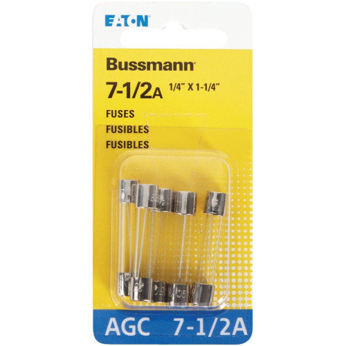 Bussmann BP/AGC-7-1/2-RP  AGC 7-1/2 Amp Fast-Acting Glass Tube Fuses 1/4" x 1-1/4" - 5 per Card Image 1