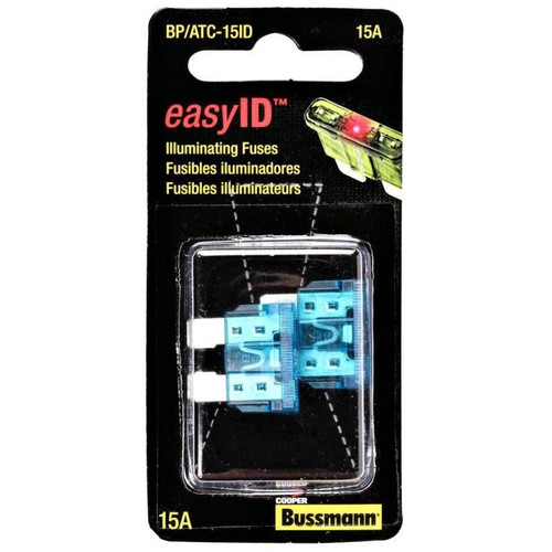 Bussmann BP/ATC-15ID  Blue ATC 15 Amp easyId Illuminating Fast-Acting Automotive Blade Fuses - 2 per Card Image 0