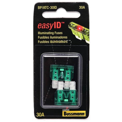 Bussmann BP/ATC-30ID  Green ATC 30 Amp easyId Illuminating Fast-Acting Automotive Blade Fuses - 2 per Card Image 0 Bussmann BP/ATC-30ID  Green ATC 30 Amp easyId Illuminating Fast-Acting Automotive Blade Fuses - 2 per Card Image 0