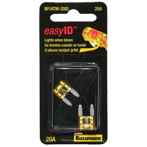 Bussmann BP/ATM-20ID  Yellow ATM 20 Amp easyId Illuminating Fast-Acting Automotive Mini Blade Fuses - 2 per Card Image 0