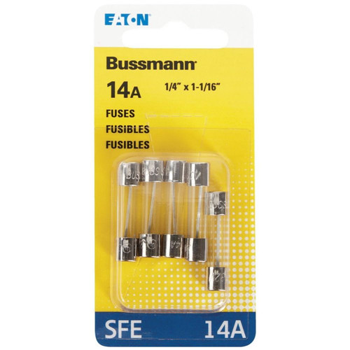 Bussmann BP/SFE-14-RP  SFE 14 Amp Fast-Acting Glass Tube Fuses 1/4" x 1-1/16" - 5 per Card Image 1