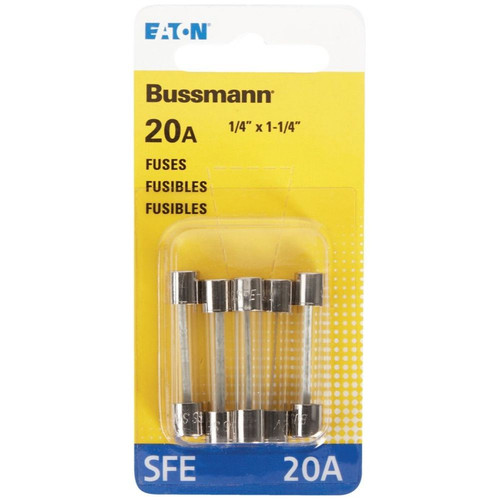 Bussmann BP/SFE-20-RP  SFE 20 Amp Fast-Acting Glass Tube Fuses 1/4" x 1-1/4" - 5 per Card Image 1