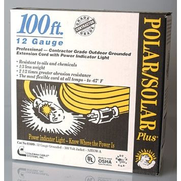 Southwire 01689  100' Polar/Solar Jacketed 12/3 SJEOW Outdoor Extension Cord with Lighted End Image 1