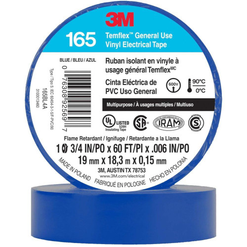 3M Temflex 165BL4A  3/4" x 60' Blue General Use Vinyl Electrical Tape Image 0