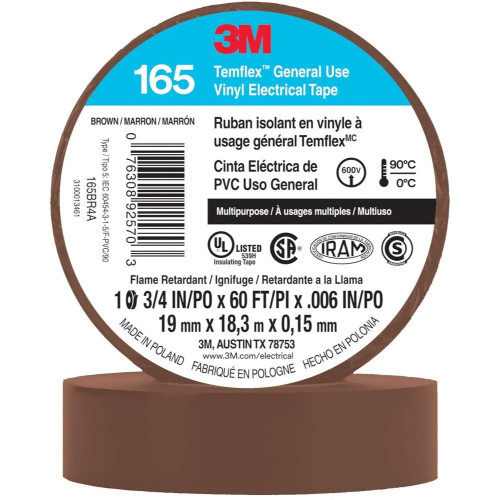 3M Temflex 165BR4A  3/4" x 60' Brown General Use Vinyl Electrical Tape Image 0