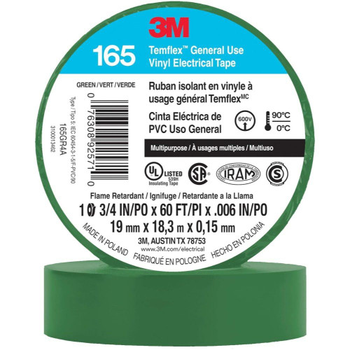 3M Temflex 165GR4A  3/4" x 60' Green General Use Vinyl Electrical Tape Image 0