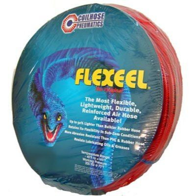 Coilhose Pneumatics PFE41004TR  1/4" x 100' Flexeel Polyurethane Reinforced Straight Air Hose with Strain Relief Fittings - Transparent Red Image 0
