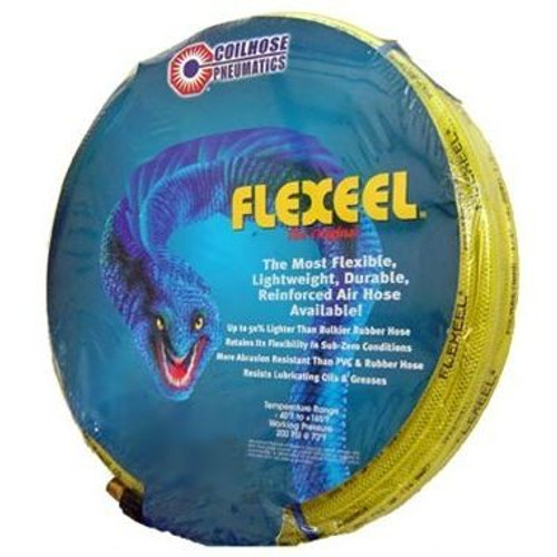 Coilhose Pneumatics PFE41004TY  1/4" x 100' Flexeel Polyurethane Reinforced Straight Air Hose with Strain Relief Fittings - Transparent Yellow Image 0 Coilhose Pneumatics PFE41004TY  1/4" x 100' Flexeel Polyurethane Reinforced Straight Air Hose with Strain Relief Fittings - Transparent Yellow Image 0