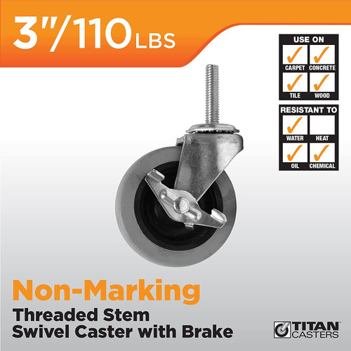 Titan Casters 4031355T  Stem Caster 3" Dyna Wheel Tread with Brake Image 1