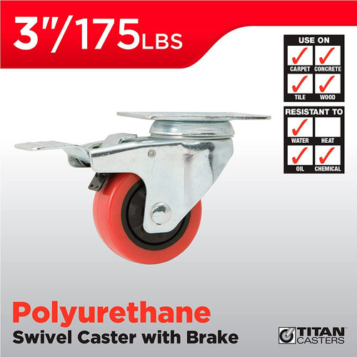 Titan Casters 4120555T  Polyurethane Swivel Plate Caster with Brake - 3"  Image 1