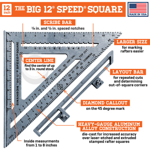 Swanson S0107  "Big 12" Speed Square Rafter Square 7-In-1 Tool Image 1
