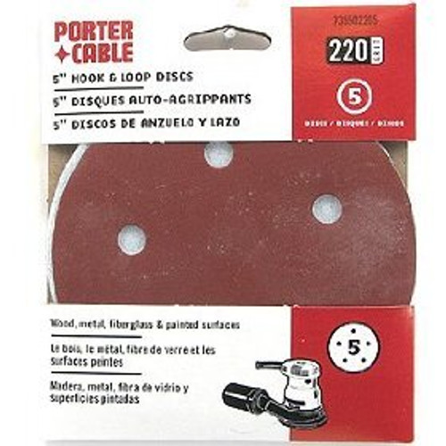 Porter Cable 735502205  5" Round 220 Grit (Hook & Loop, 5 Holes) Sanding Discs 5 Discs per Package Image 0