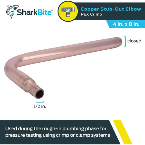 SharkBite 22791  1/2" x Closed End Brass Crimp or Clamp Copper Stub-Out Elbow (4" x 8") Image 1