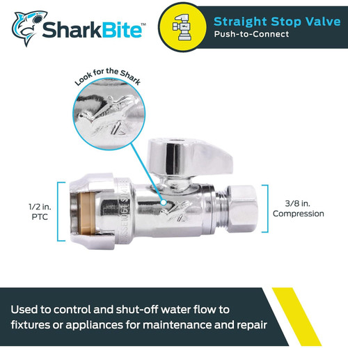 SharkBite 23037-0000LF  1/2" Push-to-Connect x 3/8" Compression Brass Straight Stop Quarter-Turn Valve Image 1