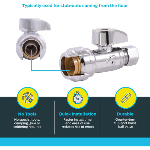SharkBite 23037-0000LF  1/2" Push-to-Connect x 3/8" Compression Brass Straight Stop Quarter-Turn Valve Image 2