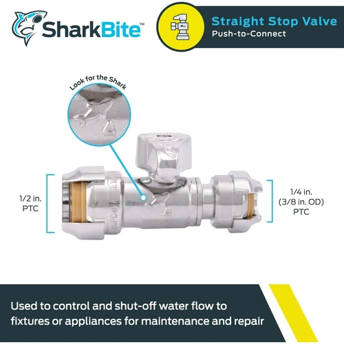 SharkBite 23049-0000LF  1/2" x 1/4" (3/8" OD) Push-to-Connect Brass  Straight Stop Quarter-Turn Valve Image 1