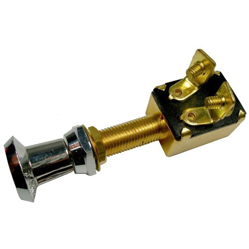 Pico 5528A   6 or 12 Volt Push-Pull Switch Brass with Chrome Plated Knob SPST 25 per Package Image 0
