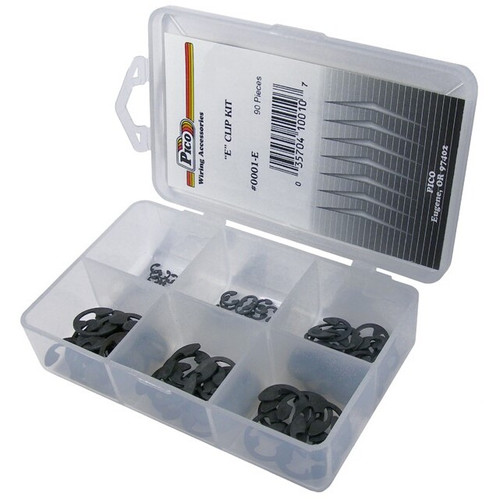 Pico 0001-E  90 Piece "E" Clip Assortment Kit 5 Sizes from 3/32" to 7/16" Shaft Size in Plastic Kit Box Image 0