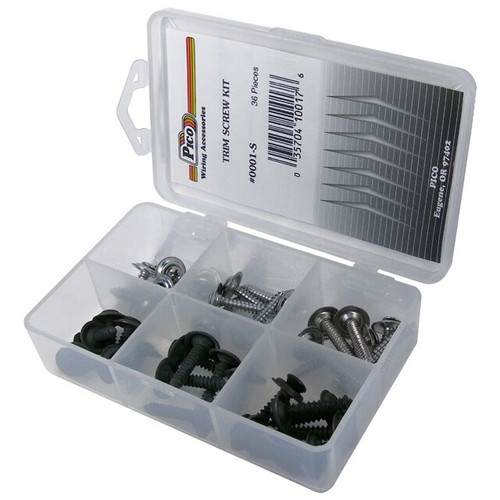 Pico 0001-S  36 Piece Black and Chrome Trim Screw Assortment Kit  with Counter Sunk Washers in Plastic Kit Box Image 0