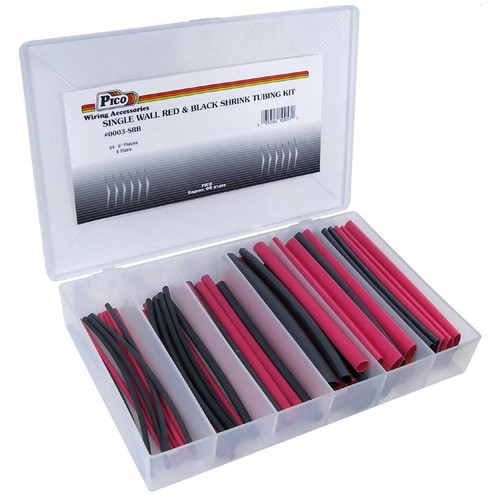 Pico 0003-SRB  54 Piece Single Wall Red and Black Shrink Tube Assortment Kit 6" Tubes in Plastic Kit Box Image 0