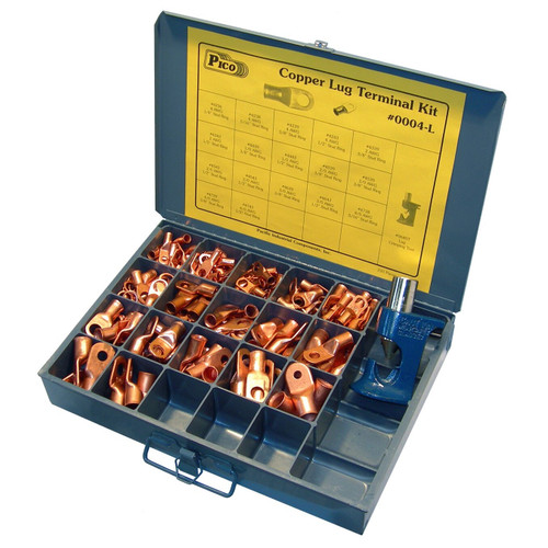Pico 0004-L  220 Piece Solid Copper Tubular Lug Terminal Assortment Kit with Crimping Tool in Metal Kit Drawer Image 0