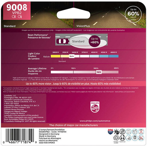 Philips 9008  (H13) VisionPlus Upgrade Headlight Bulbs - 2 per Package (9008VPB2) Image 1