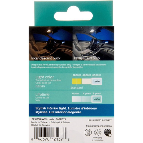 Philips DE3175WLED  Ultinon LED - White - Interior Car Light - 1 per Package Image 1
