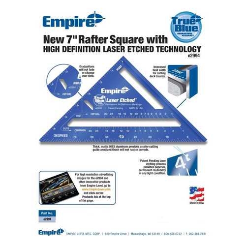 Empire Level  E2994  7" True Blue Laser Etched Rafter Square Image 1 Empire Level  E2994  7" True Blue Laser Etched Rafter Square Image 1