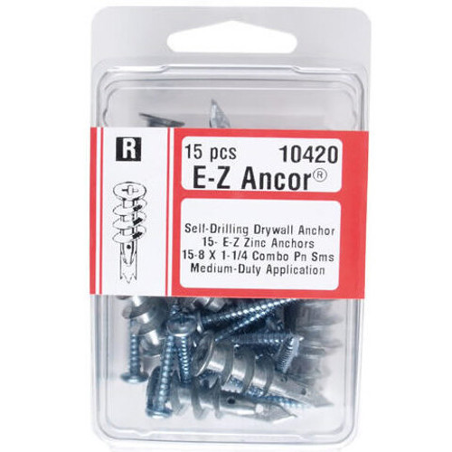 Midwest Fastener 10420  #8 E-Z Ancor Self-Drilling Zinc Drywall Anchors with Screws - 15 per Package Image 0