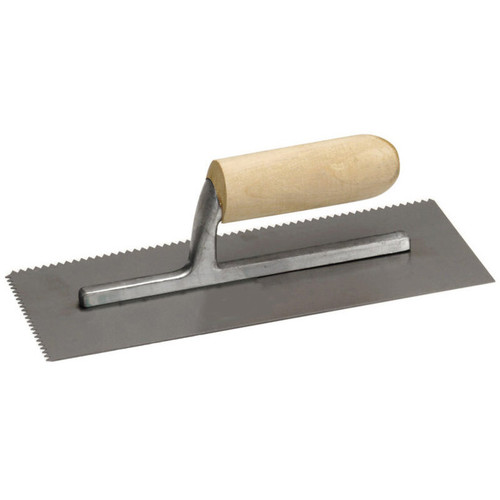 QLT by Marshalltown 971  11" x 4-1/2" Notched Trowel with Wood Handle - 3/16" x 5/32" 'V' Notched (16171) Image 0