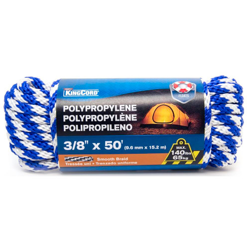 KingCord 312091BGV1  3/8" x 50' Smooth Blue/White Derby Rope Poly  Image 0